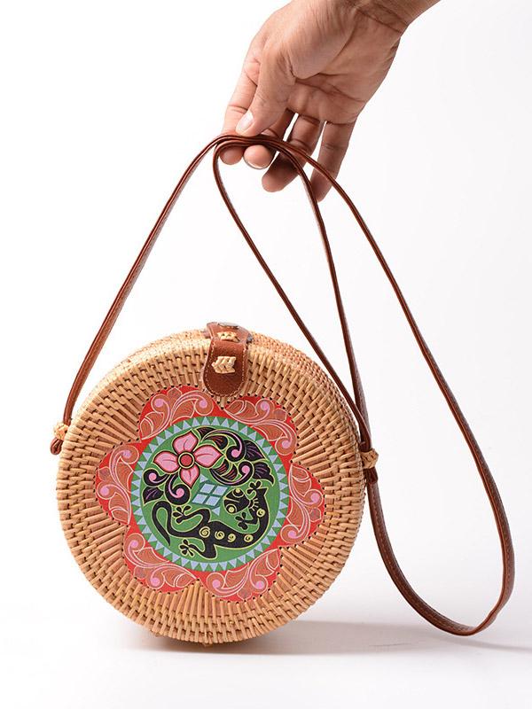 Boho Style Rattan Flower Pattern Round Bag