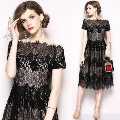 Black Lace Word Collar Party Evening Flat Shoulder Dress