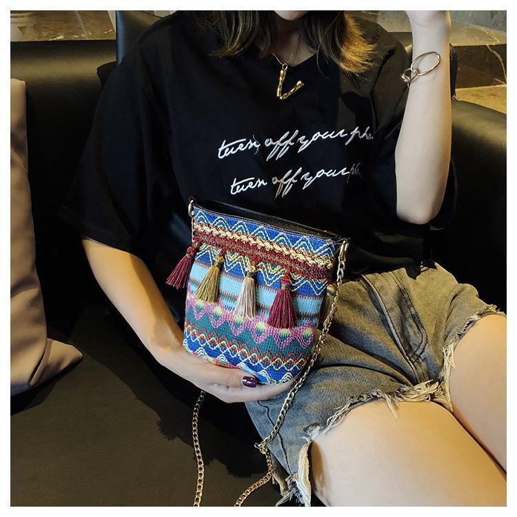 Bohemian National Style Weaving Tassel Bucket Bag Shoulder Bag Crossbody Bag