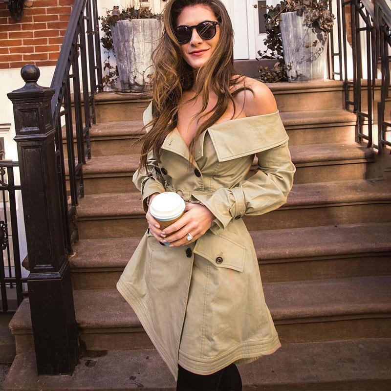 Solid Color Sexy Off Shoulder Belt Trench Coat