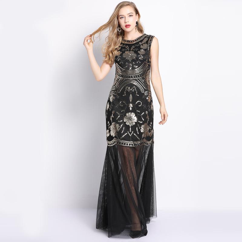 Summer New High-End Luxury Ladies Sleeveless Sequins Beaded Maxi Dress