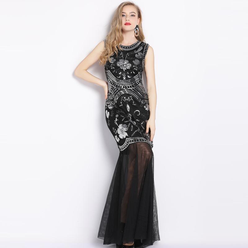 Summer New High-End Luxury Ladies Sleeveless Sequins Beaded Maxi Dress