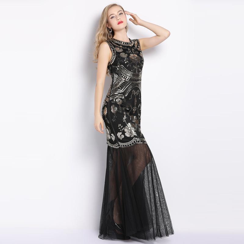 Summer New High-End Luxury Ladies Sleeveless Sequins Beaded Maxi Dress