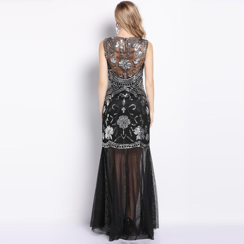 Summer New High-End Luxury Ladies Sleeveless Sequins Beaded Maxi Dress