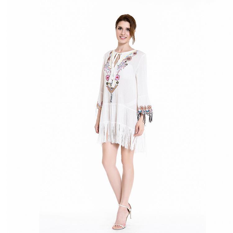 Embroidered Flared Sleeves Tassel Mini Dress