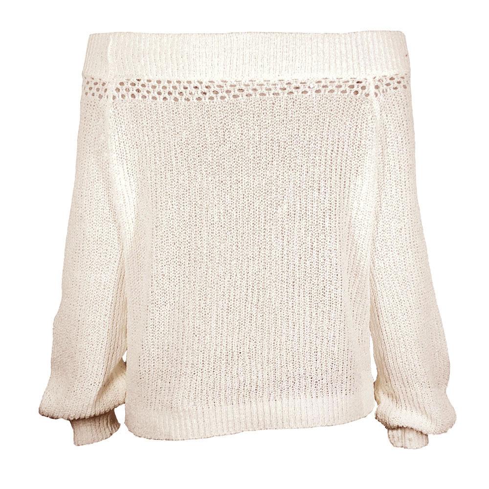 White Off Shoulder Puff Sleeve Autumn Knit Jumper Sweater