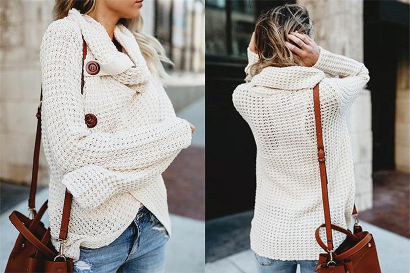 Turtleneck Cardigan Solid Color Button Irregular Sweater