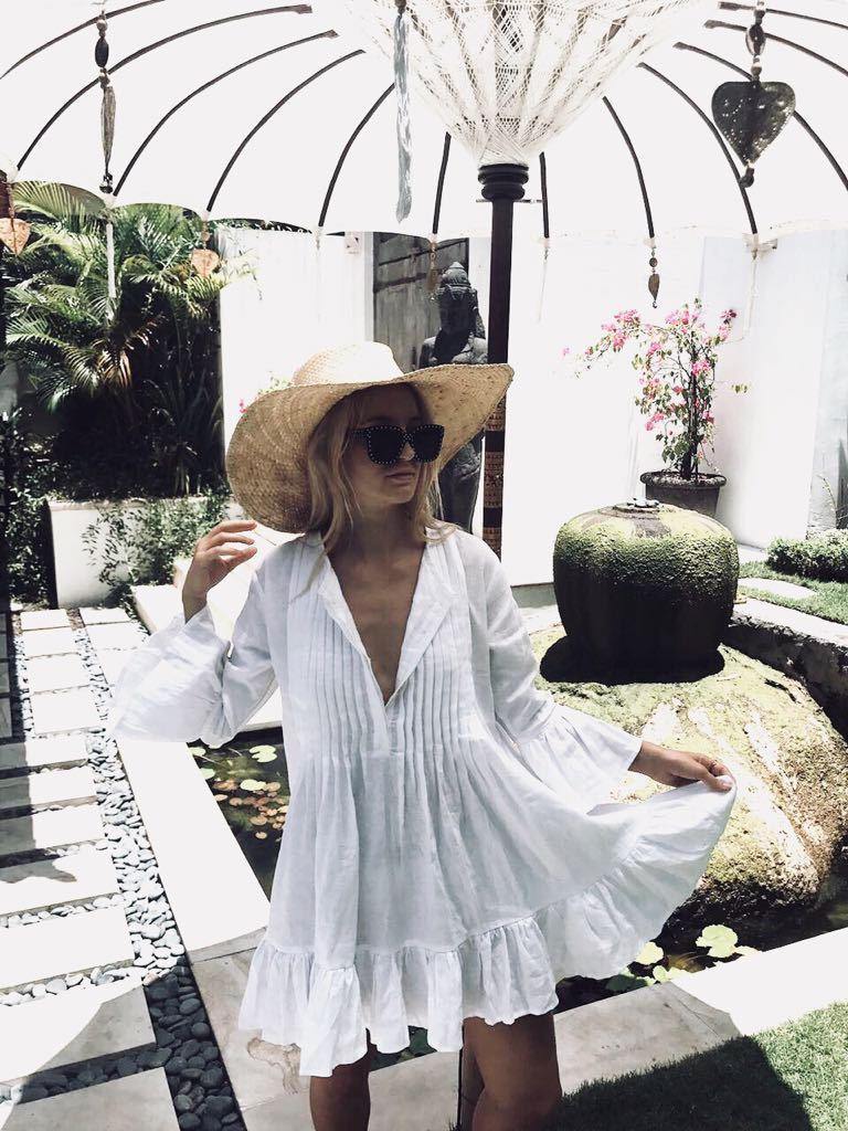 Autumn Bohemian Flare Sleeve Ruffles White Beach Dress