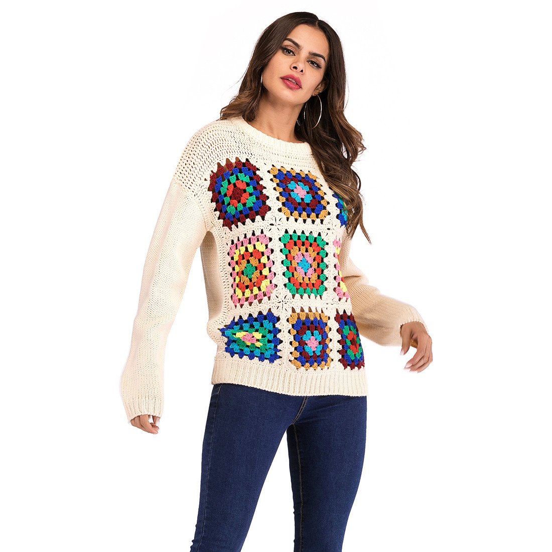 Boho Handmade Square Pattern Knit Stiching Sweater