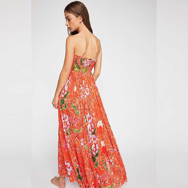 Sexy Bohemian V-Neck Print Slits Chiffon Orange Beach Dress