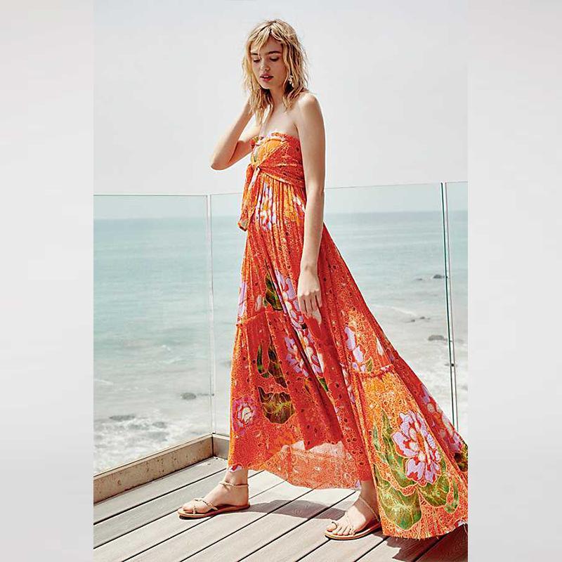 Sexy Bohemian V-Neck Print Slits Chiffon Orange Beach Dress