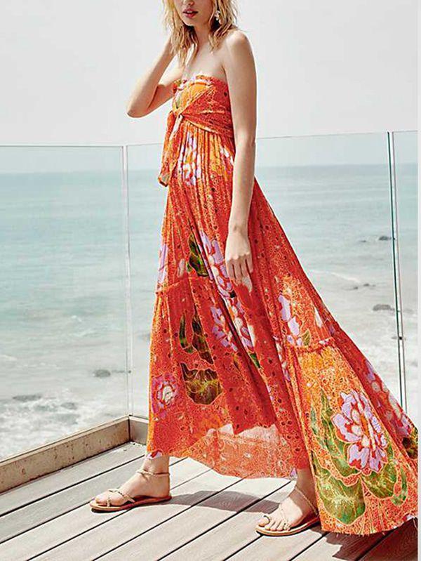 Sexy Bohemian V-Neck Print Slits Chiffon Orange Beach Dress