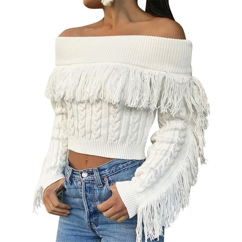 Tassel White Knitted Long Sleeve Sexy Pullover Short Sweater