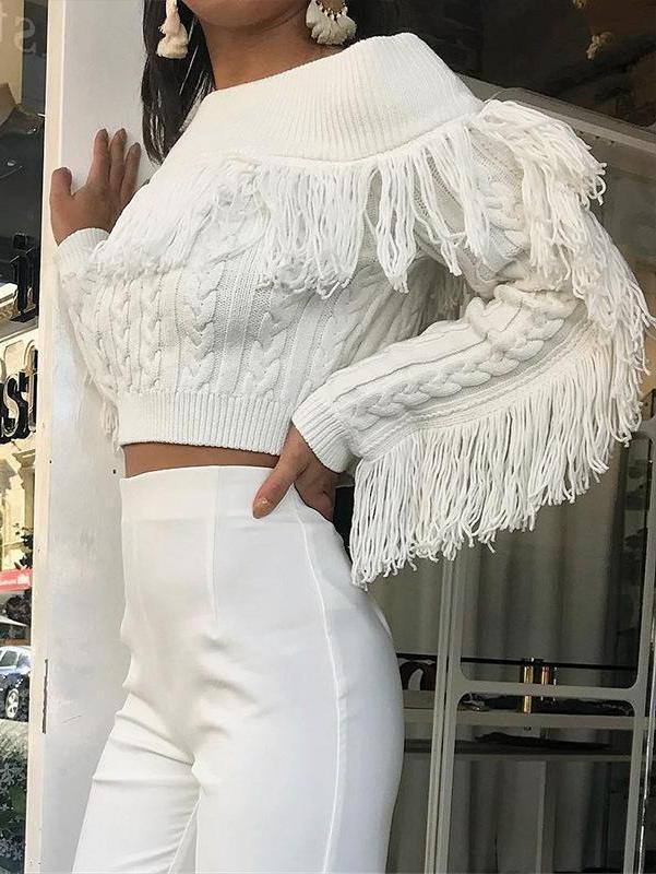 Tassel White Knitted Long Sleeve Sexy Pullover Short Sweater