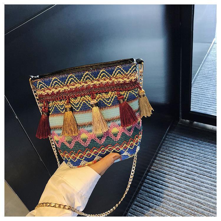 Bohemian National Style Weaving Tassel Bucket Bag Shoulder Bag Crossbody Bag