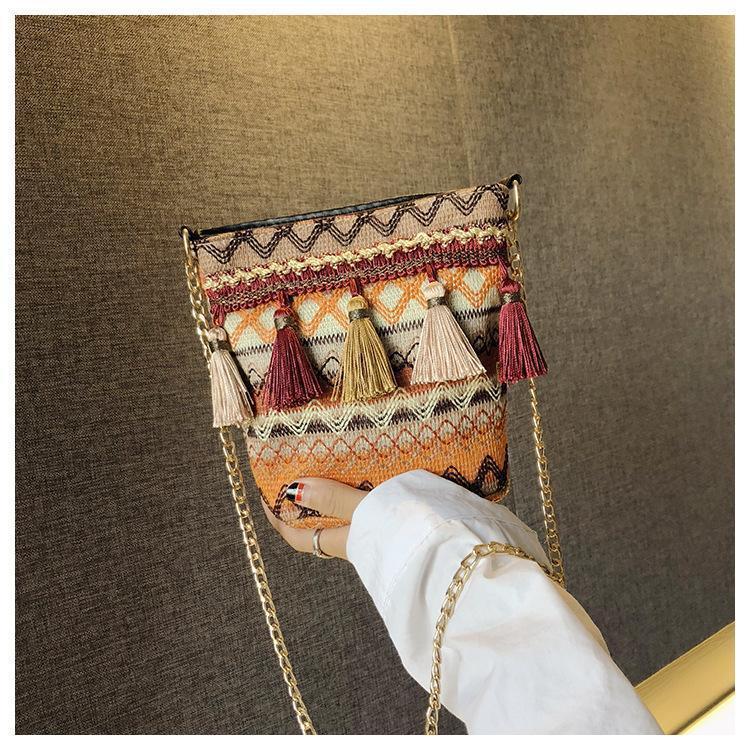 Bohemian National Style Weaving Tassel Bucket Bag Shoulder Bag Crossbody Bag