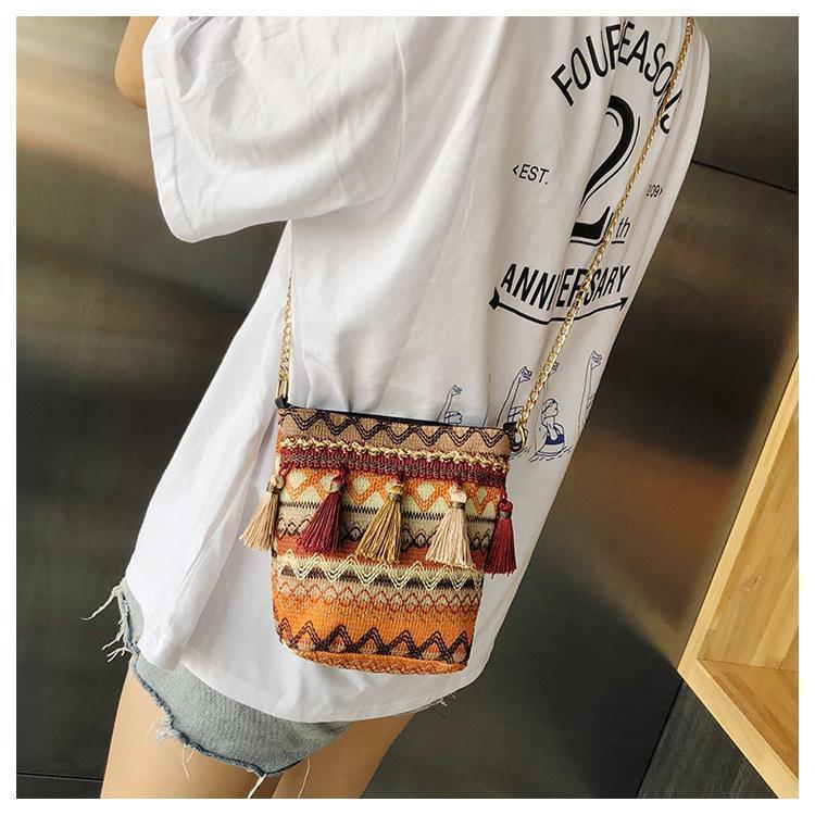 Bohemian National Style Weaving Tassel Bucket Bag Shoulder Bag Crossbody Bag