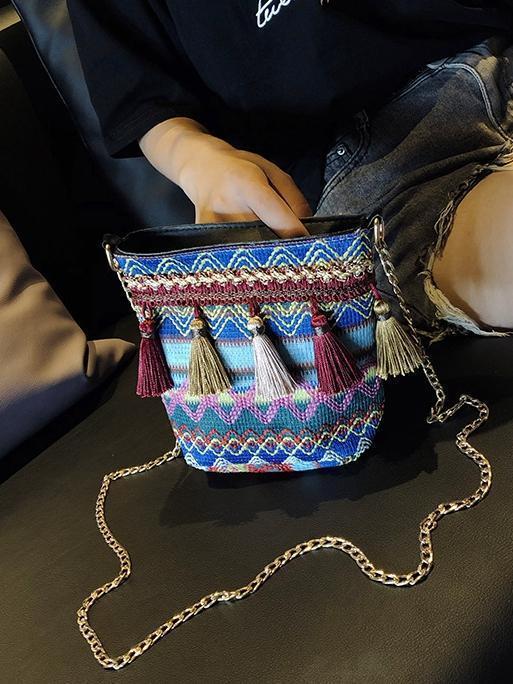 Bohemian National Style Weaving Tassel Bucket Bag Shoulder Bag Crossbody Bag