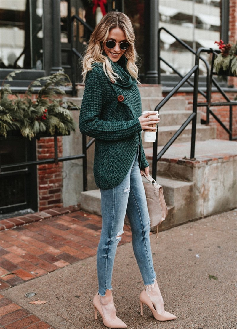 Turtleneck Cardigan Solid Color Button Irregular Sweater