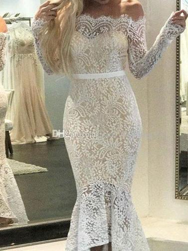 Sexy One-Shoulder Lace Long-Sleeved Bodycon Dress Midi-Dress