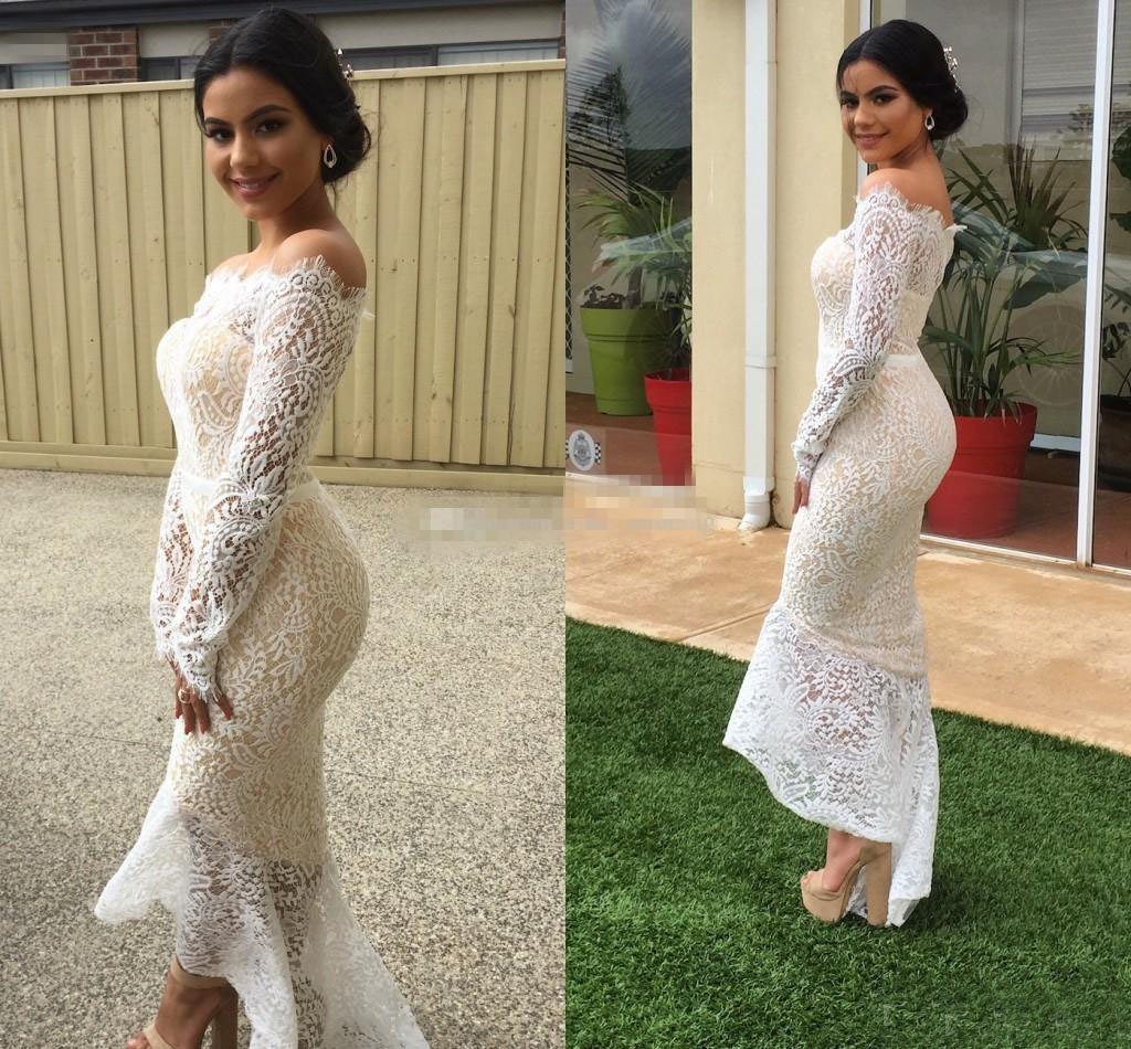 Lace Off Shoulder Long Sleeve Irregular Evening Maxi Dress