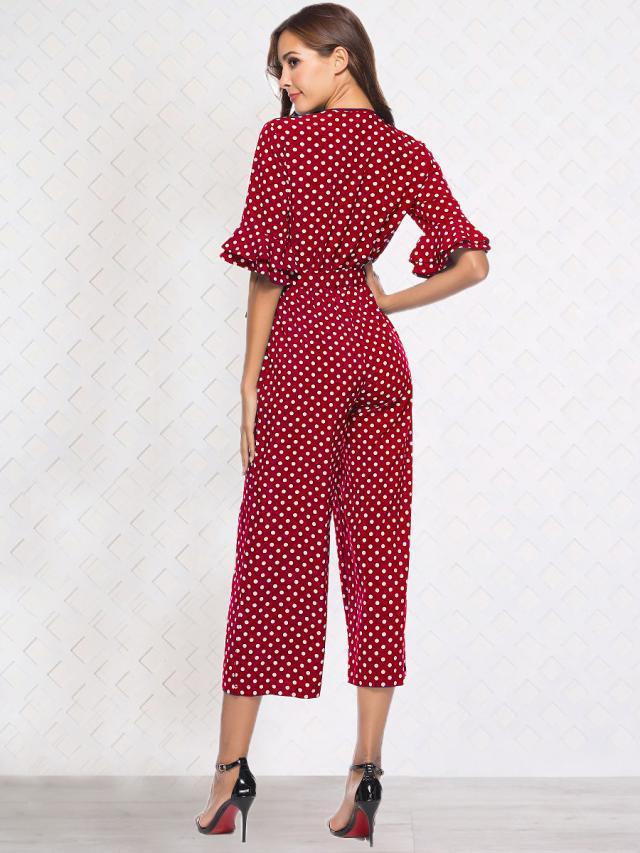 Mid-sleeve V-neck Dot Print Jumpsuit