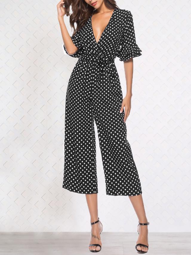 Mid-sleeve V-neck Dot Print Jumpsuit