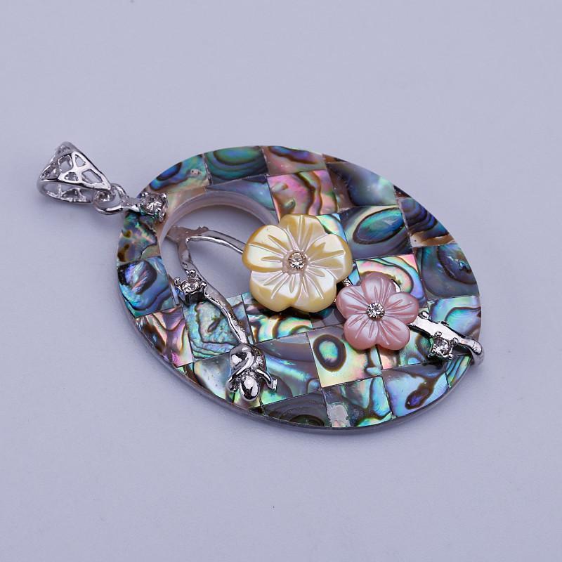 Oval Two Flowers Abalone Shell Necklace Pendant