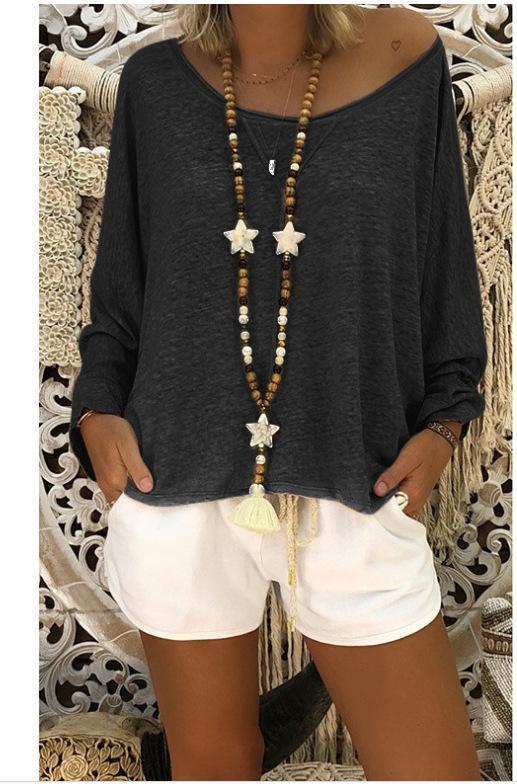 Solid Color Round Neck Long Sleeve T Shirt Blouse