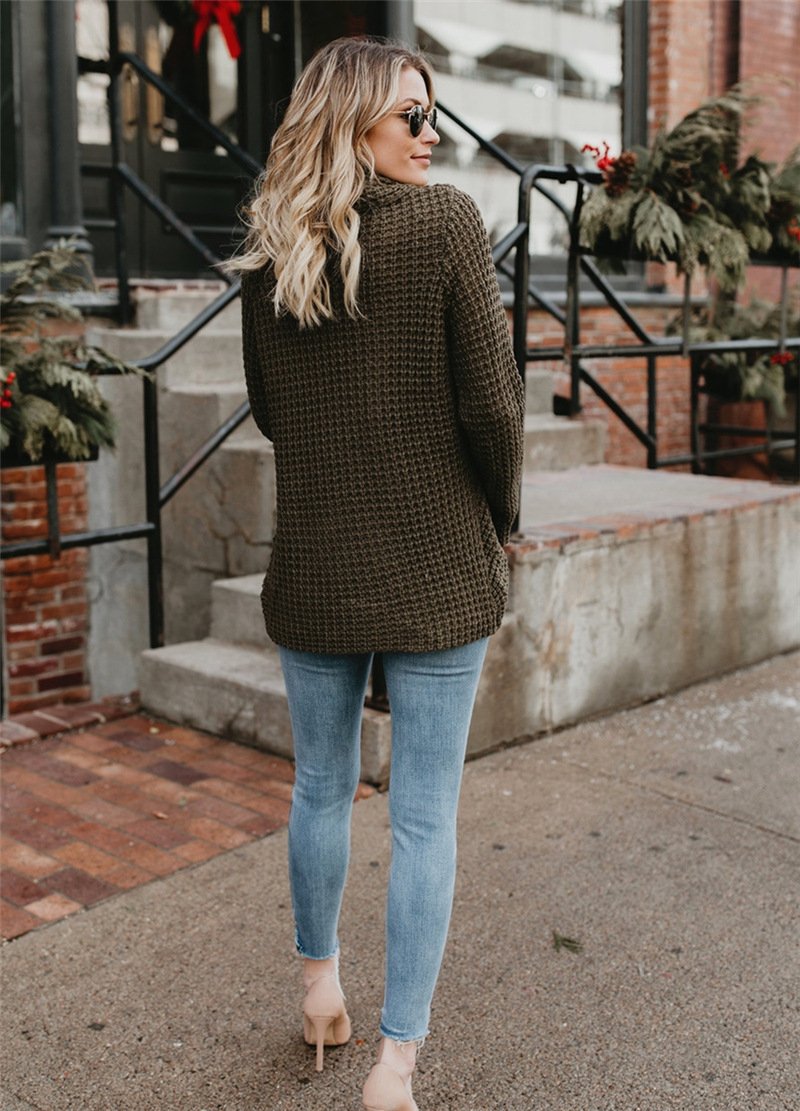 Turtleneck Cardigan Solid Color Button Irregular Sweater