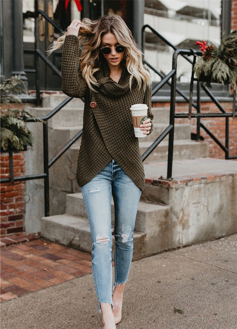 Turtleneck Cardigan Solid Color Button Irregular Sweater