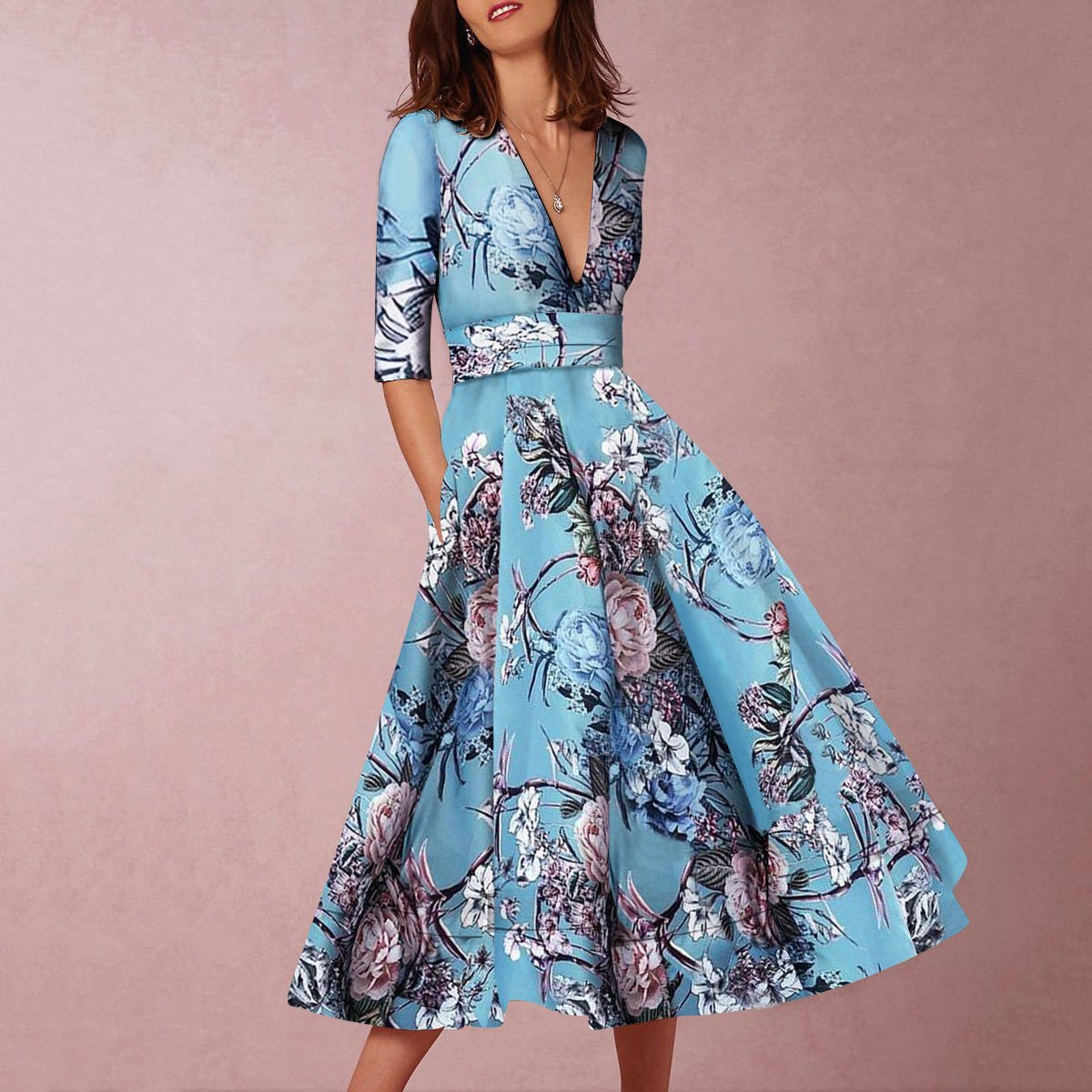 Floral Print V Neck Pleated Midi Dress