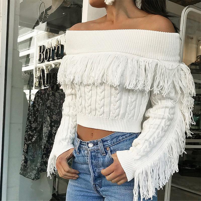 Tassel White Knitted Long Sleeve Sexy Pullover Short Sweater