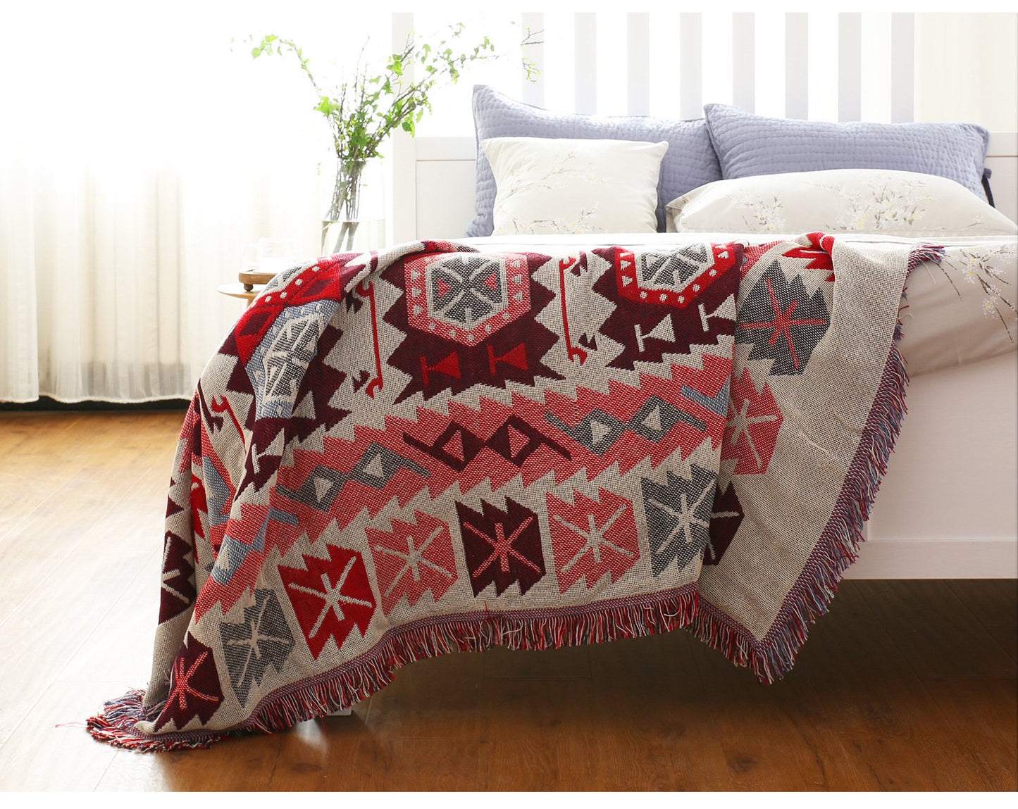 Reversible Woven Pattern Tassels Multi Purpose Sofa Cover Throw Blankets