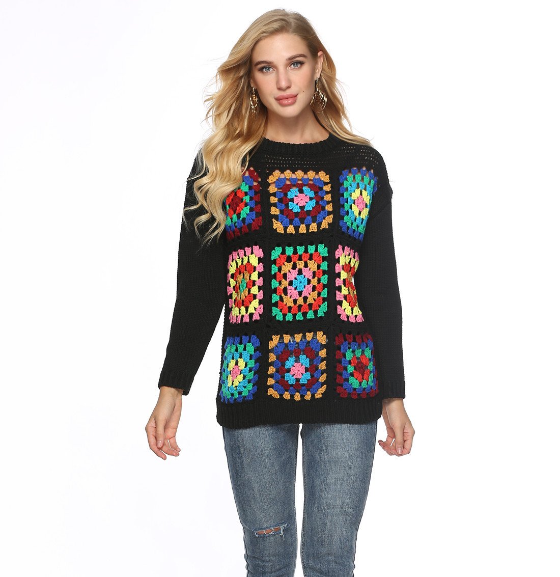 Boho Handmade Square Pattern Knit Stiching Sweater