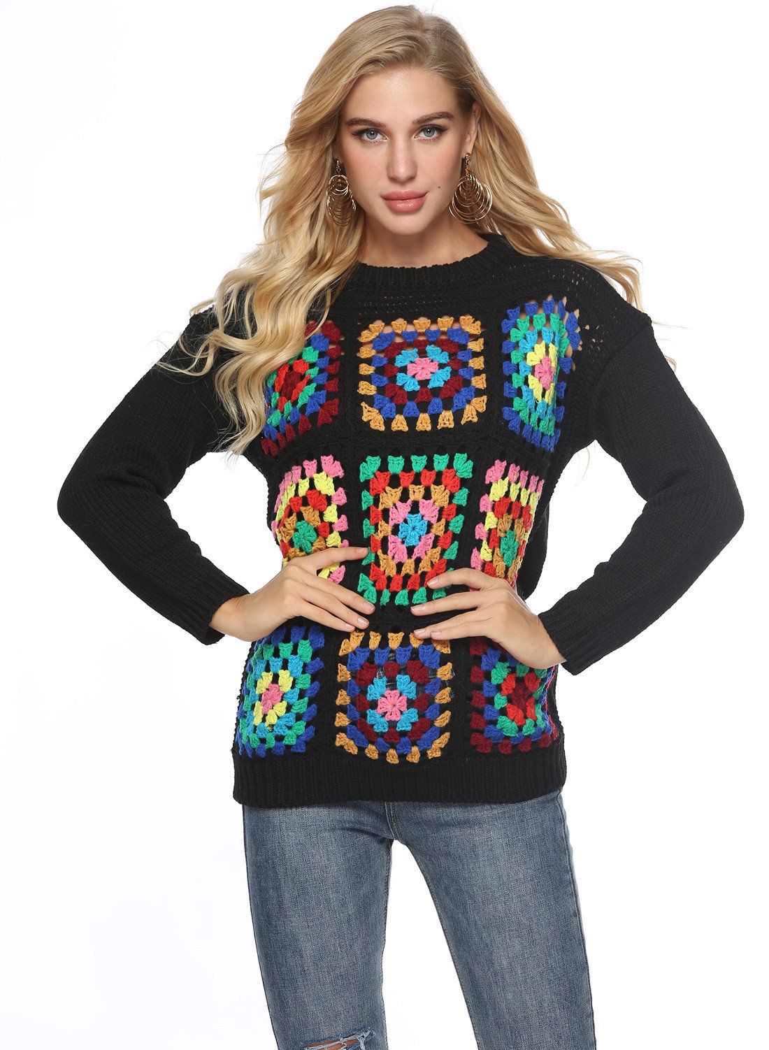 Boho Handmade Square Pattern Knit Stiching Sweater