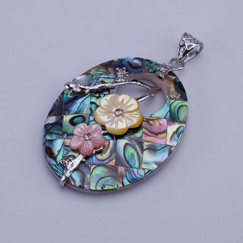 Oval Two Flowers Abalone Shell Necklace Pendant