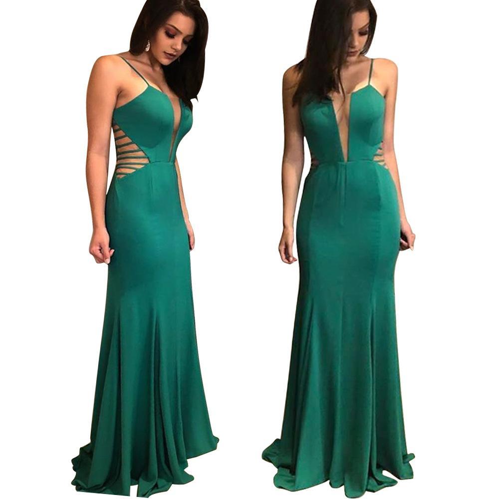 New Sexy Deep V Mesh Perspective Fishtail Sling Maxi Dress