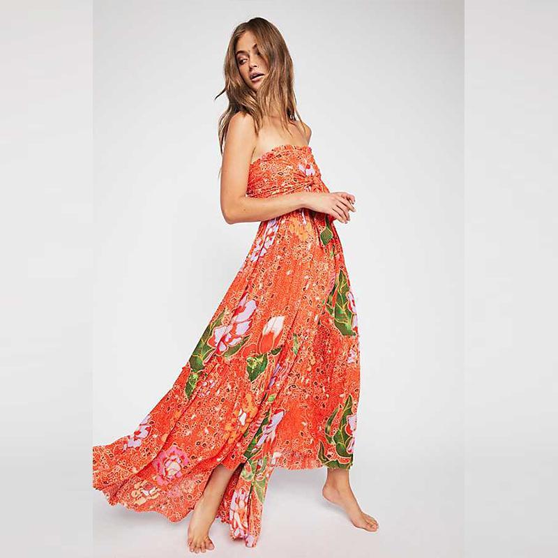 Sexy Bohemian V-Neck Print Slits Chiffon Orange Beach Dress