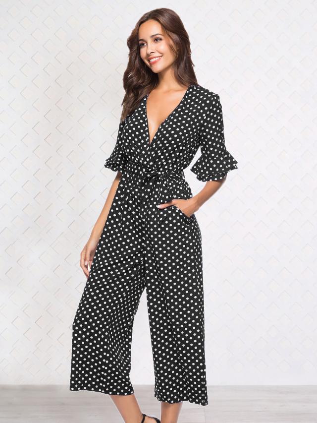 Mid-sleeve V-neck Dot Print Jumpsuit