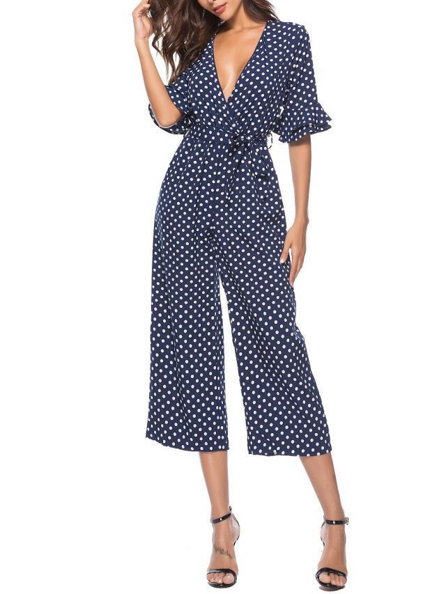 Mid-sleeve V-neck Dot Print Jumpsuit