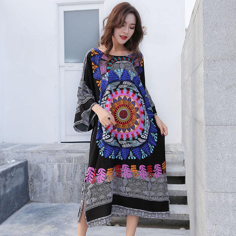 Loose 3 Colors Floral Print Batwing Sleeve Midi Dress