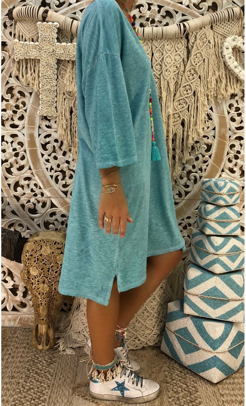 Solid Color V Neck Loose Casual Dress