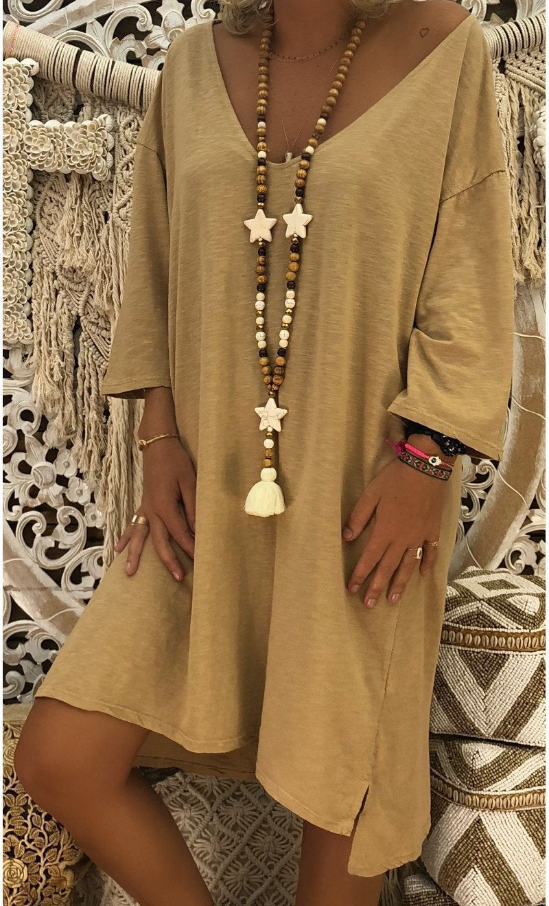 Solid Color V Neck Loose Casual Dress