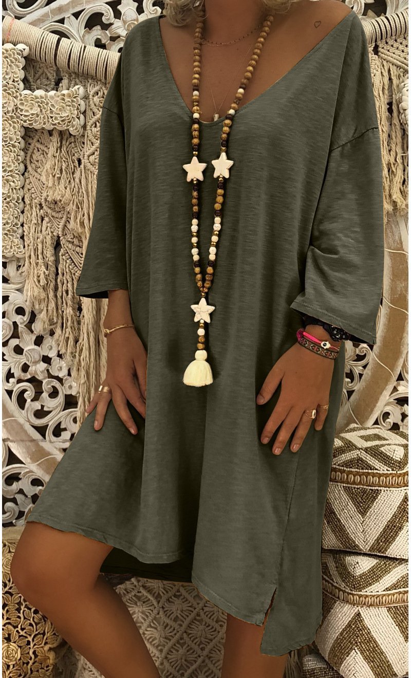 Solid Color V Neck Loose Casual Dress