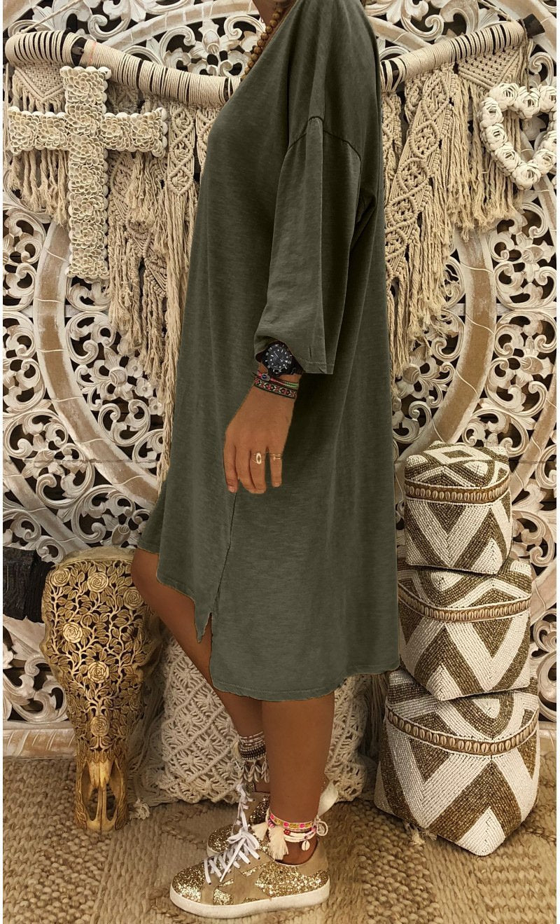 Solid Color V Neck Loose Casual Dress