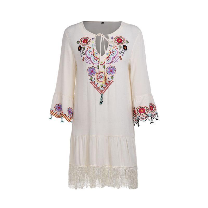 Embroidered Flared Sleeves Tassel Mini Dress