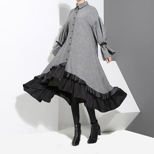Dress temperament women's long sleeve ruffled shirt dress.