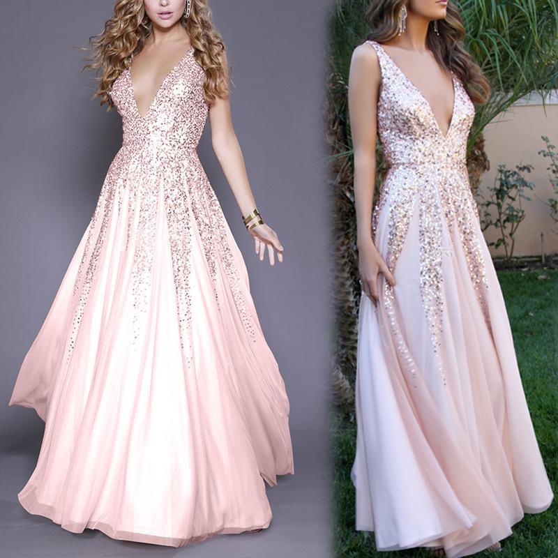 Pink V Neck Sleeveless Sequin Evening Dress