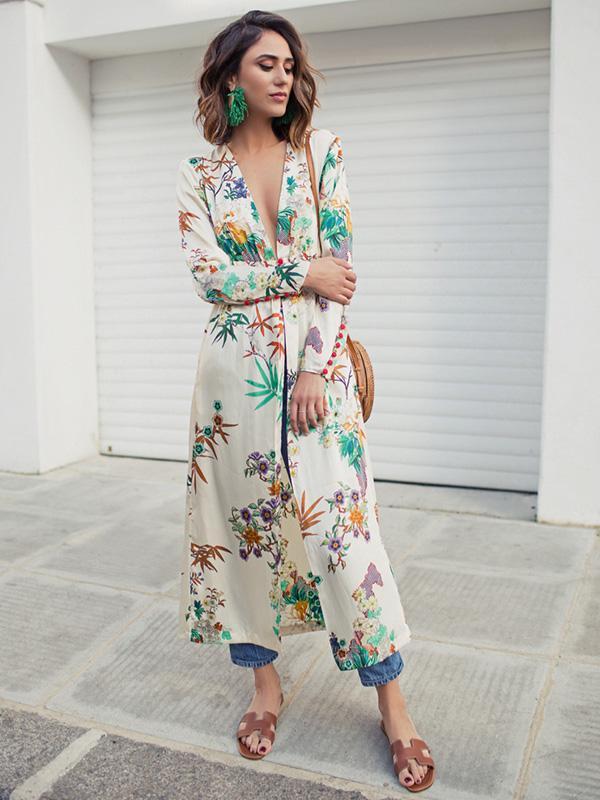 Sexy Boho Deep V Neck Floral Printed Long Sleeves Dress